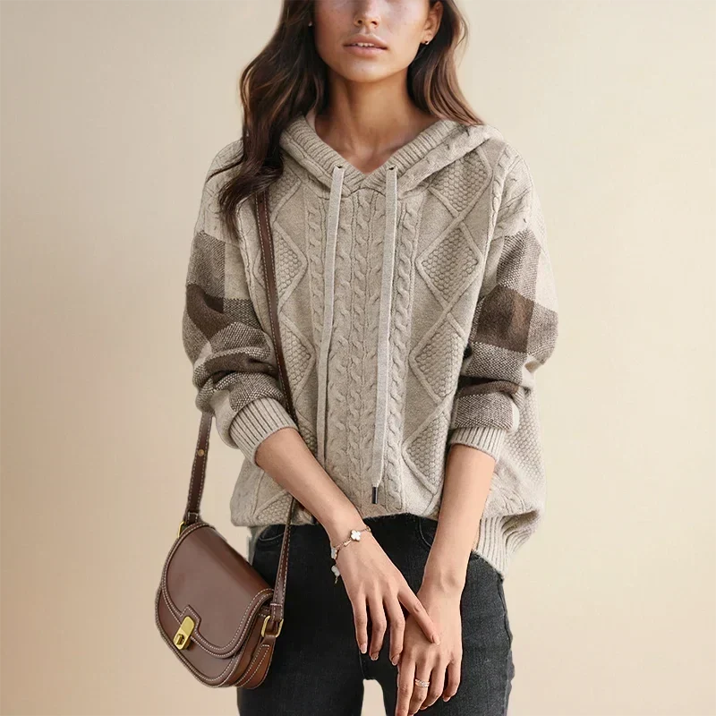 Cable Knit Hoodie for Women with Plaid Sleeves and Drawstring Hood in Beige, front view 2