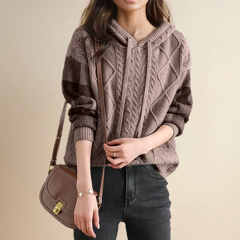 Cable Knit Hoodie for Women with Plaid Sleeves and Drawstring Hood in Brown, front view 2