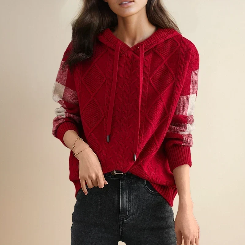 Cable Knit Hoodie for Women with Plaid Sleeves and Drawstring Hood in Red, front view