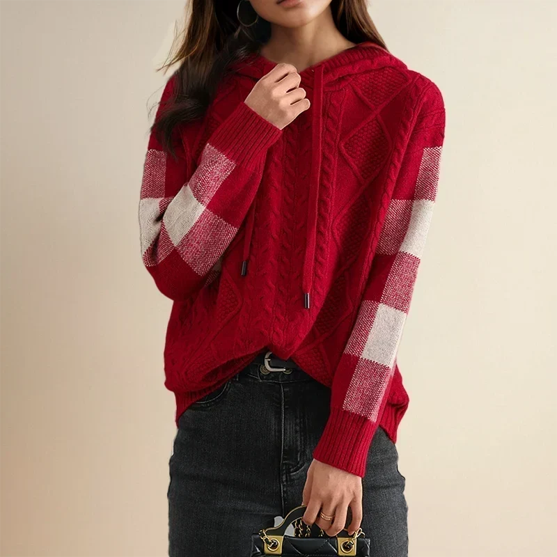 Cable Knit Hoodie for Women with Plaid Sleeves and Drawstring Hood in Red, front view 2