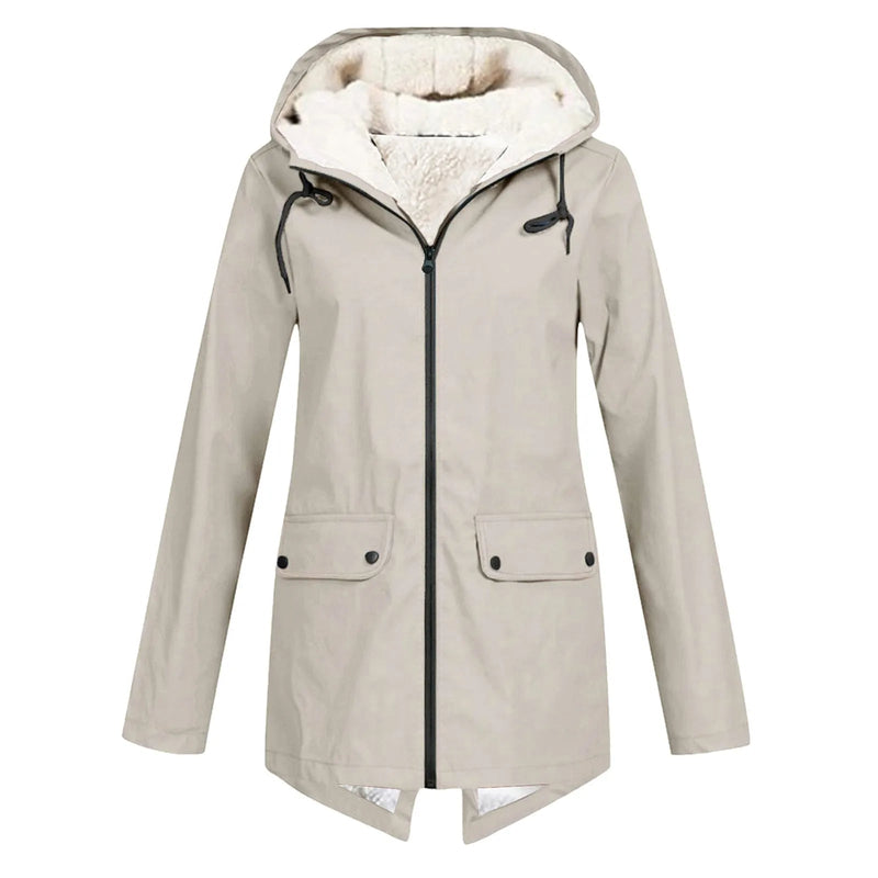 Fleece Lined Rain Jacket for Women with Hood and Flap Pockets in Beige, front view