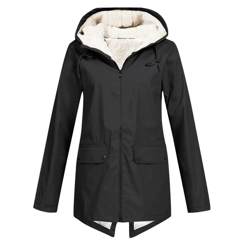 Fleece Lined Rain Jacket for Women with Hood and Flap Pockets in Black, front view