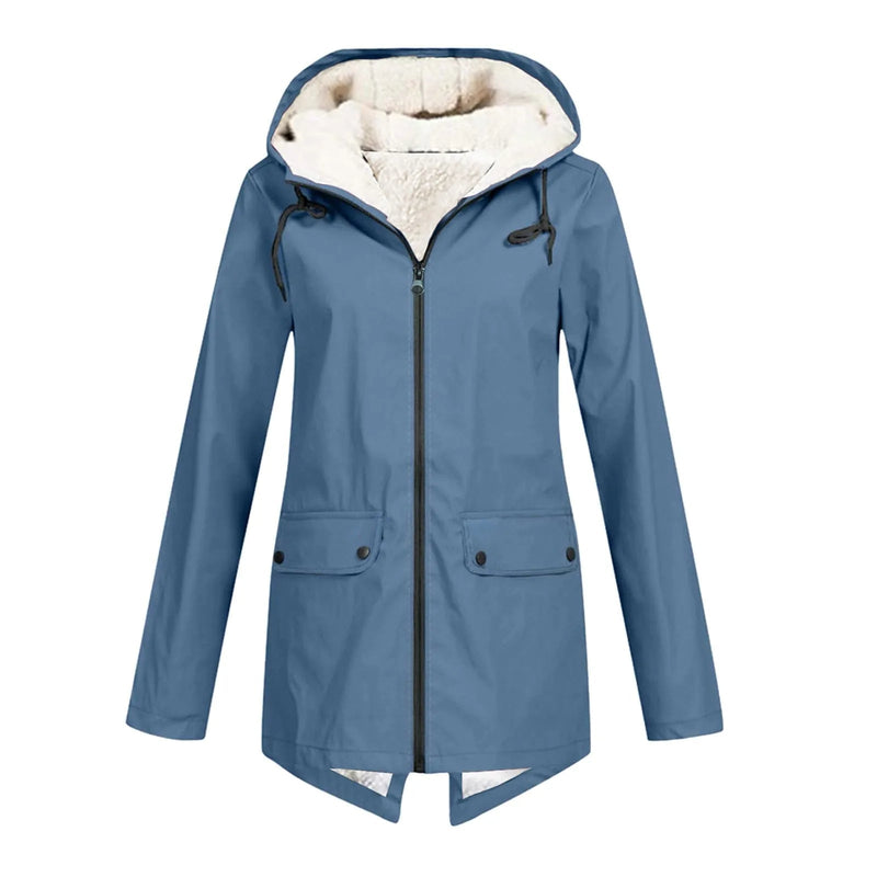 Fleece Lined Rain Jacket for Women with Hood and Flap Pockets in Blue, front view