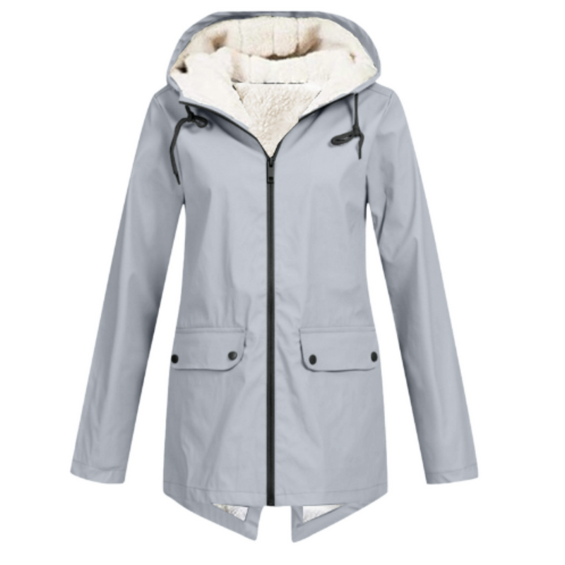 Fleece Lined Rain Jacket for Women with Hood and Flap Pockets in Gray, front view