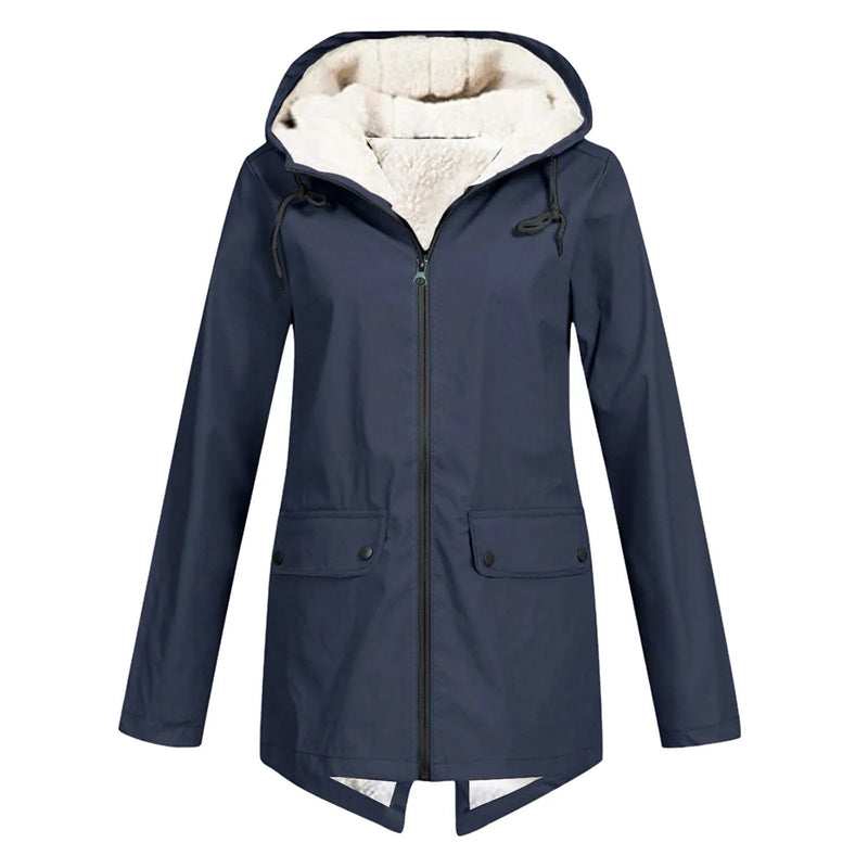 Fleece Lined Rain Jacket for Women with Hood and Flap Pockets in Navy Blue, front view