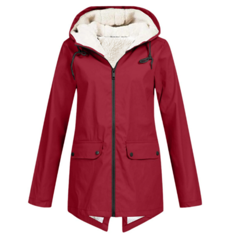 Fleece Lined Rain Jacket for Women with Hood and Flap Pockets in Red, front view