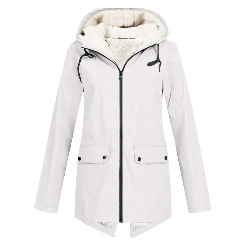 Fleece Lined Rain Jacket for Women with Hood and Flap Pockets in White, front view