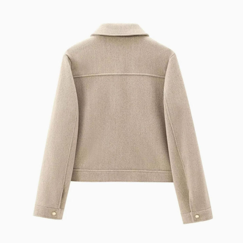 Cropped Wool-Look Bomber Jacket for Women with Flap Pockets in Beige, back view