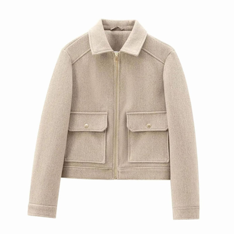 Cropped Wool-Look Bomber Jacket for Women with Flap Pockets in Beige, front view