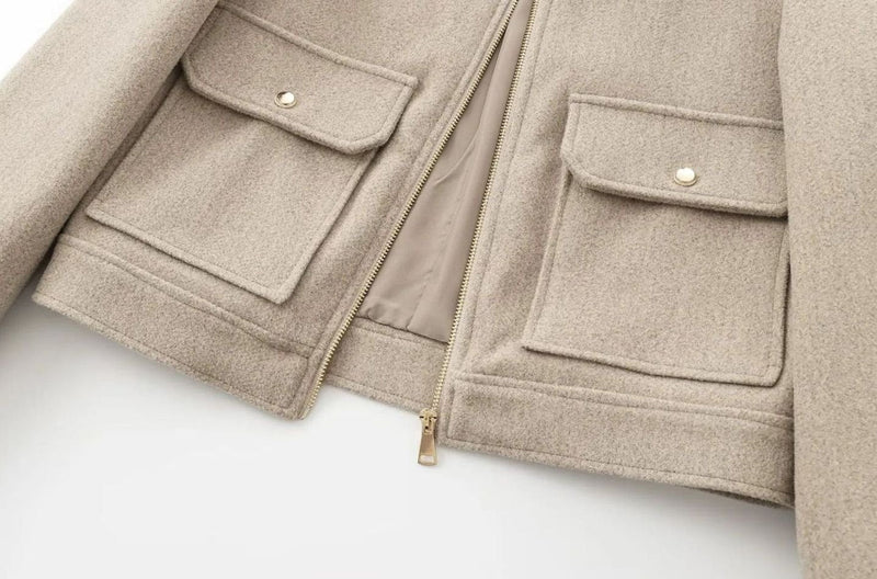 Cropped Wool-Look Bomber Jacket for Women with Flap Pockets in Beige, pocket detail