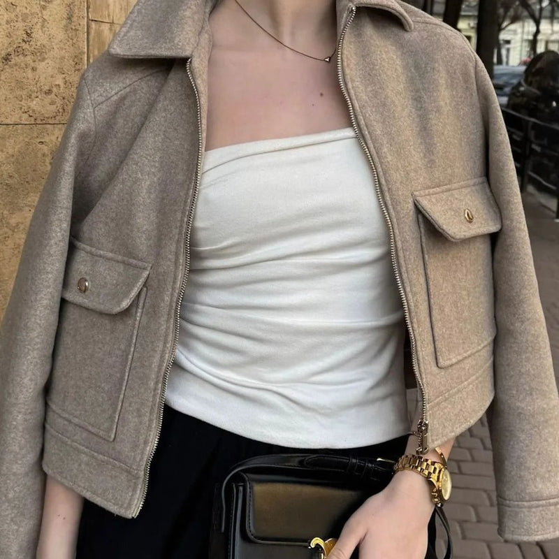 Cropped Wool-Look Bomber Jacket for Women with Flap Pockets in Beige, styled close-up
