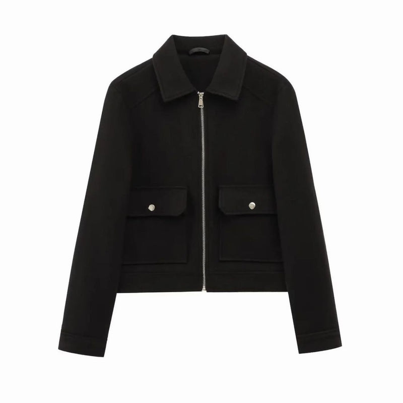 Cropped Wool-Look Bomber Jacket for Women with Flap Pockets in Black, front view