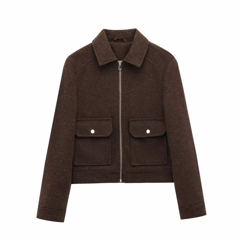 Cropped Wool-Look Bomber Jacket for Women with Flap Pockets in Brown, front view