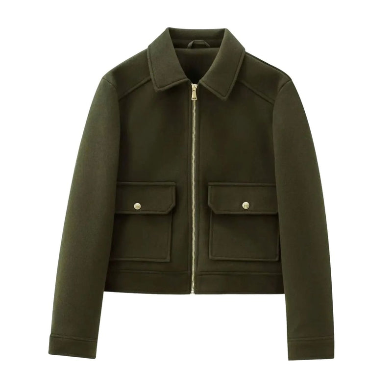 Cropped Wool-Look Bomber Jacket for Women with Flap Pockets in Green, front view
