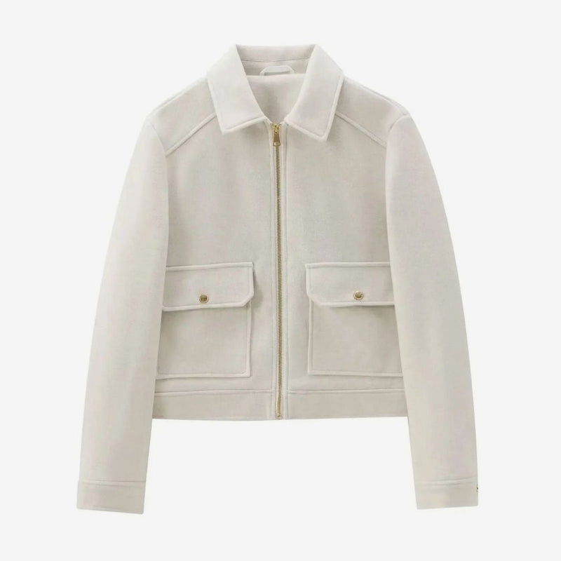 Cropped Wool-Look Bomber Jacket for Women with Flap Pockets in White, front view
