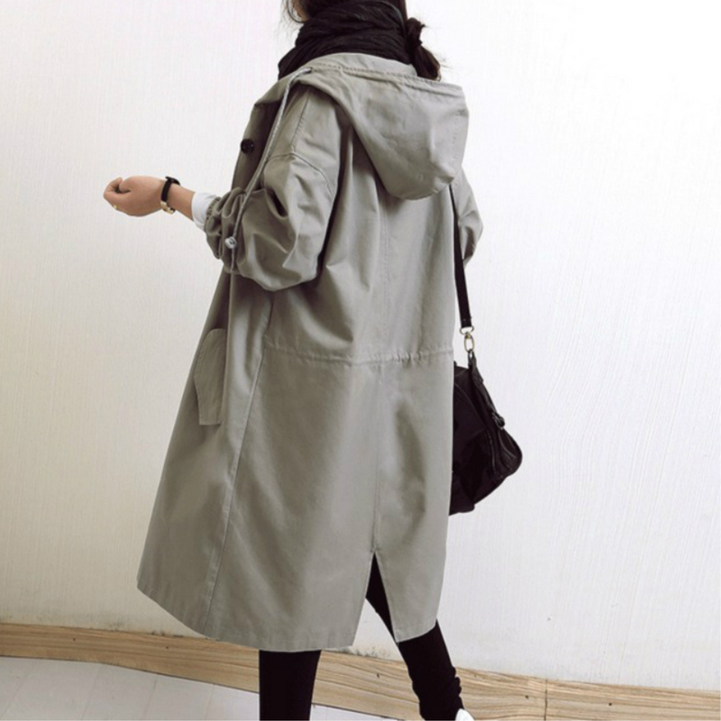 Oversized Hooded Trench Coat for Women with Drawstring Waist and Pockets in Gray, side view