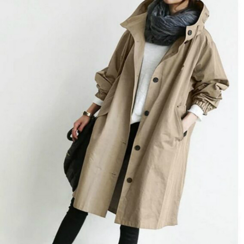 Oversized Hooded Trench Coat for Women with Drawstring Waist and Pockets in Khaki, front view