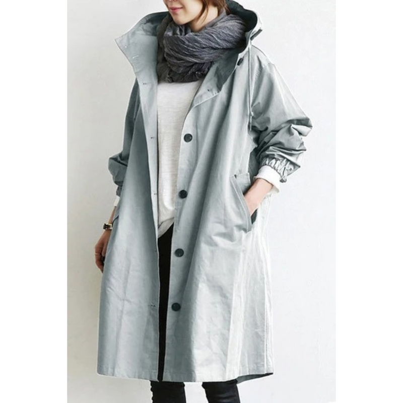 Oversized Hooded Trench Coat for Women with Drawstring Waist and Pockets in Light Gray, front view