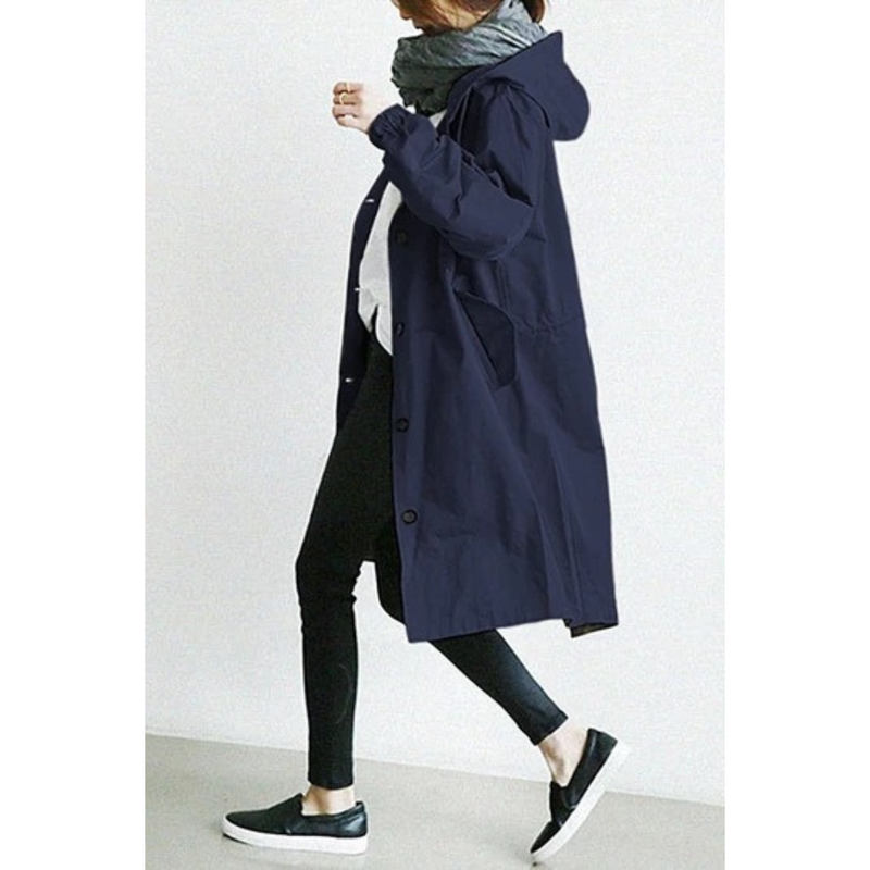 Oversized Hooded Trench Coat for Women with Drawstring Waist and Pockets in Navy, side view