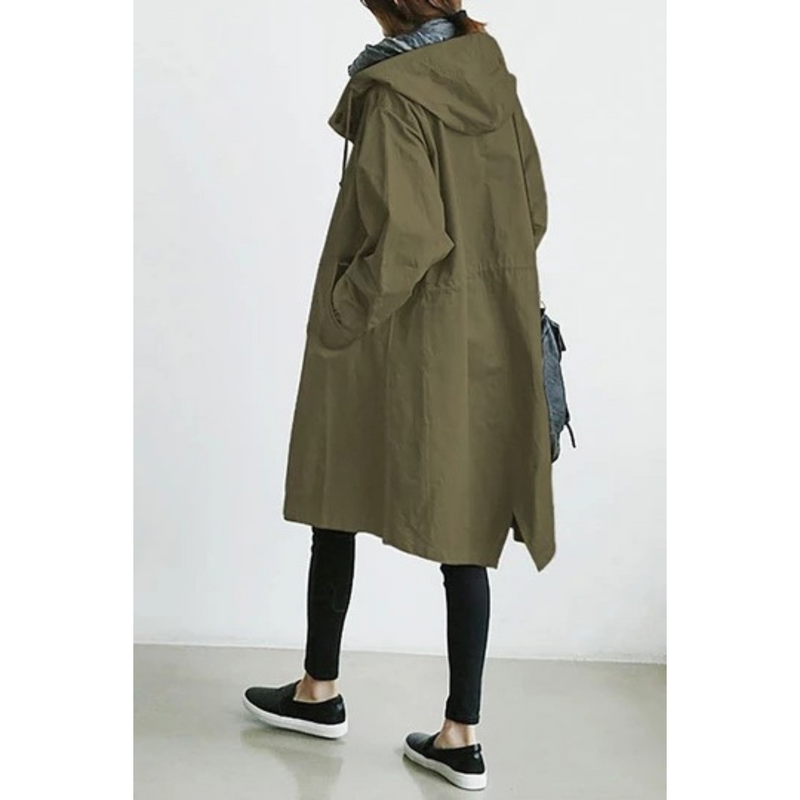Oversized Hooded Trench Coat for Women with Drawstring Waist and Pockets in Olive Green, back side view