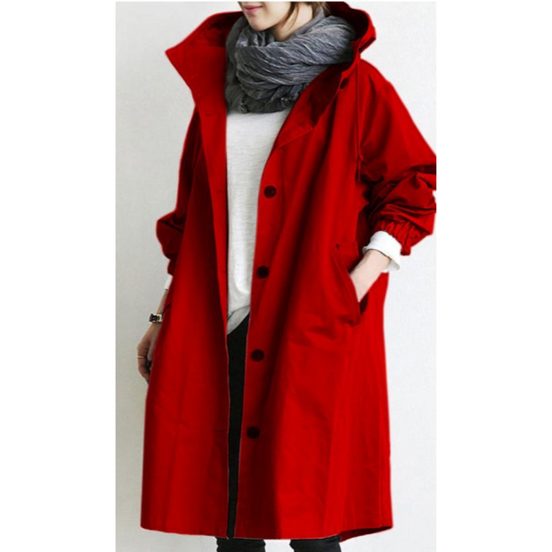 Oversized Hooded Trench Coat for Women with Drawstring Waist and Pockets in Red, front view