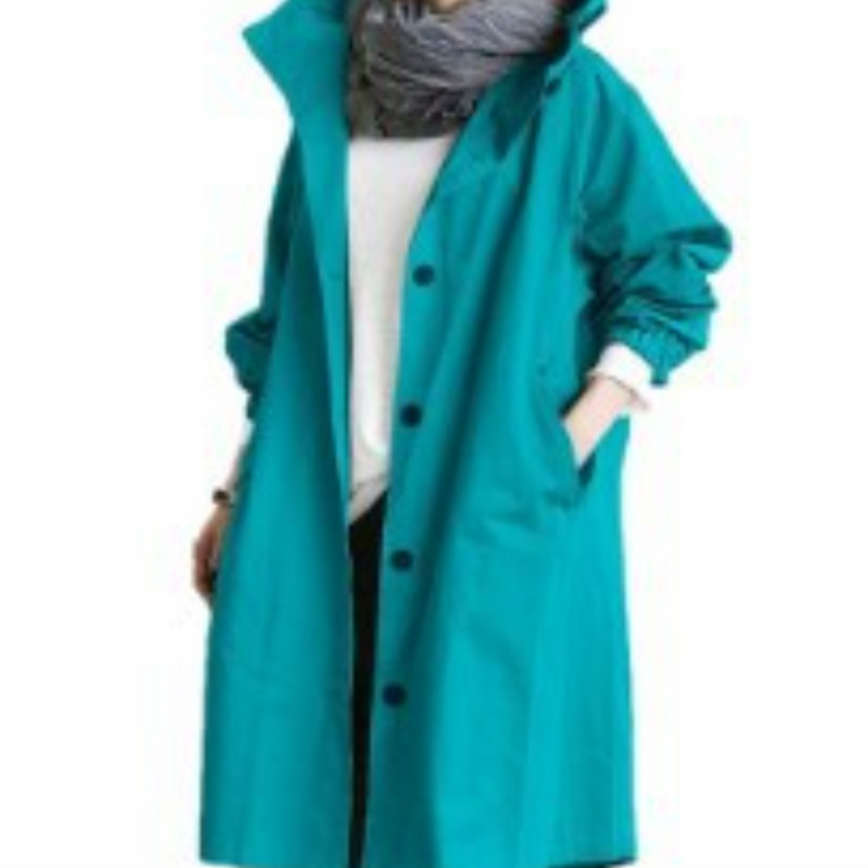Oversized Hooded Trench Coat for Women with Drawstring Waist and Pockets in Teal, front view