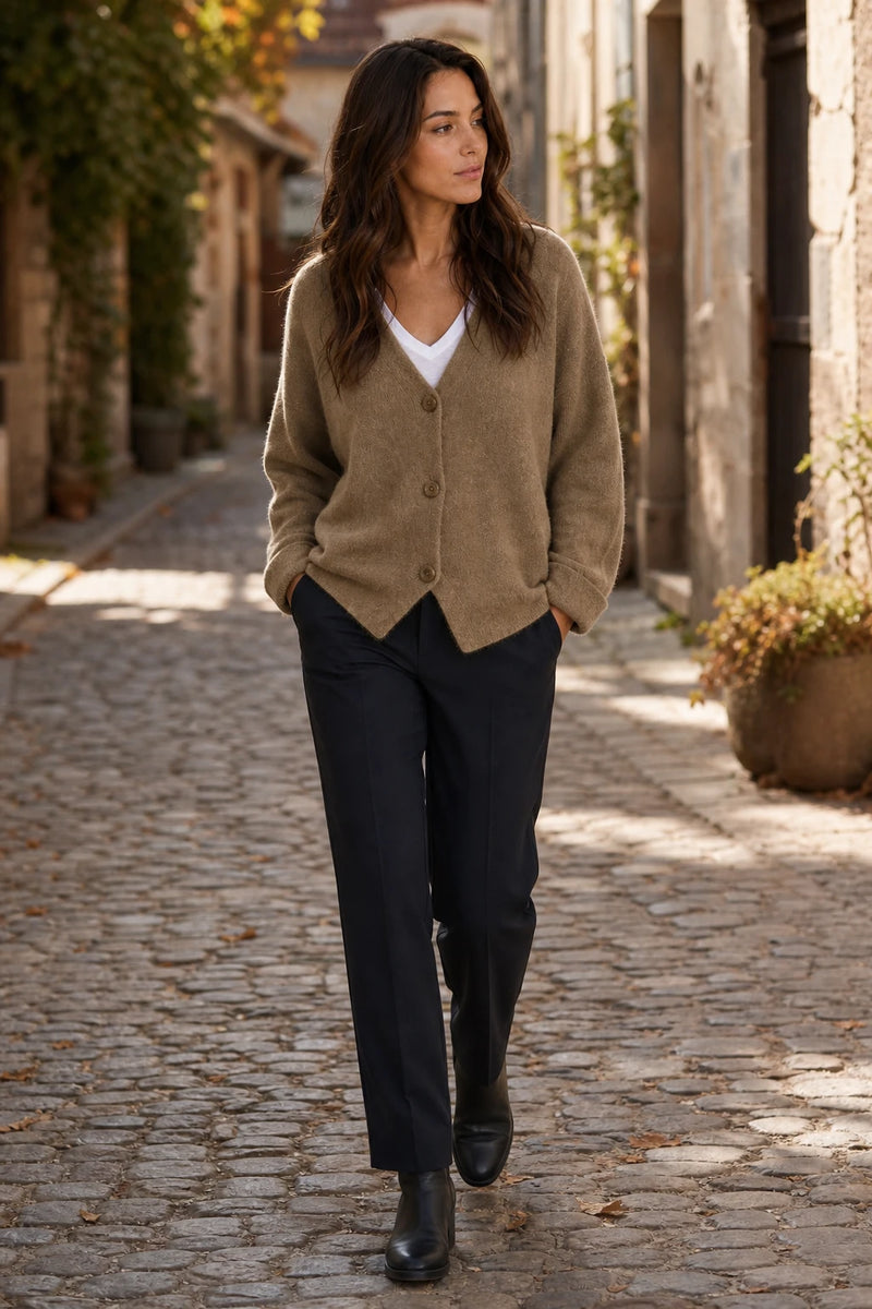 SOFAINE-V7-LIFE-Ramona | Button-Front Cardigan in Khaki, street-style view