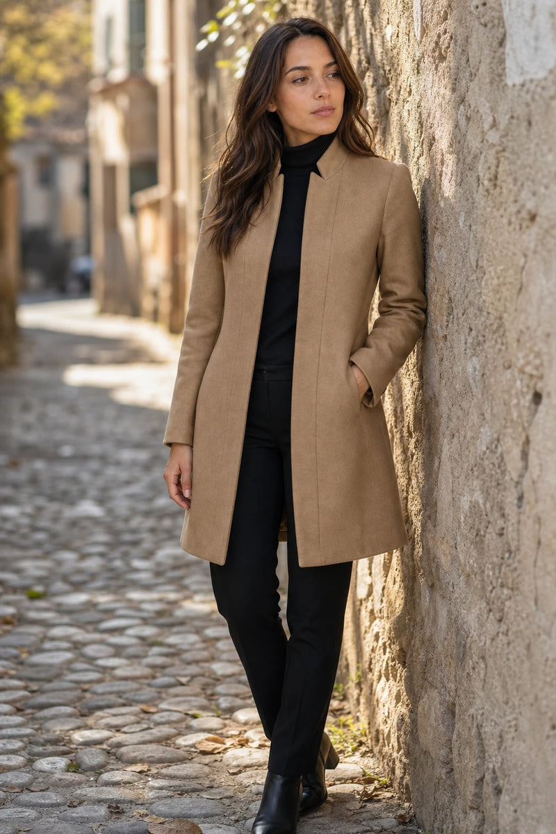 SOFAINE-V7-LIFE-Cordelia | Wool-Feel Overcoat in Khaki, street-style view