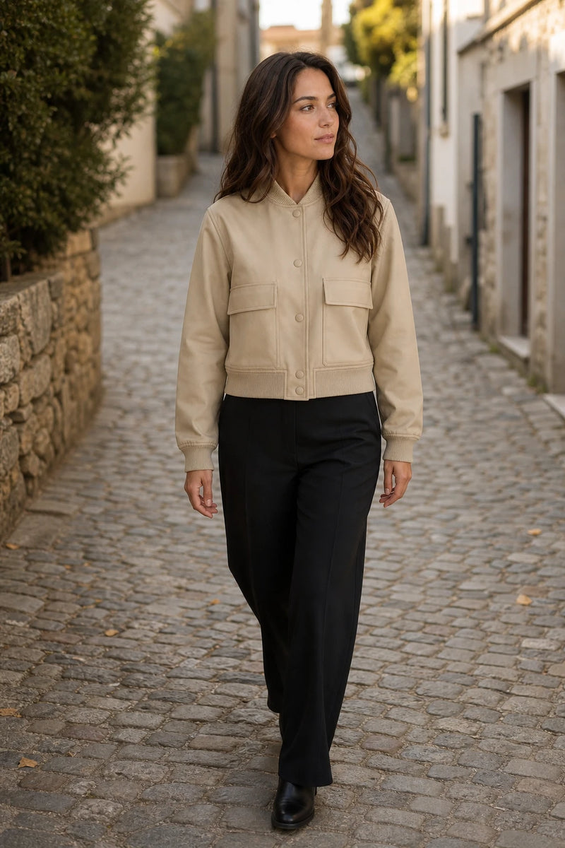 SOFAINE-V7-LIFE-Fleur | Collared Button Jacket in Khaki, street-style view