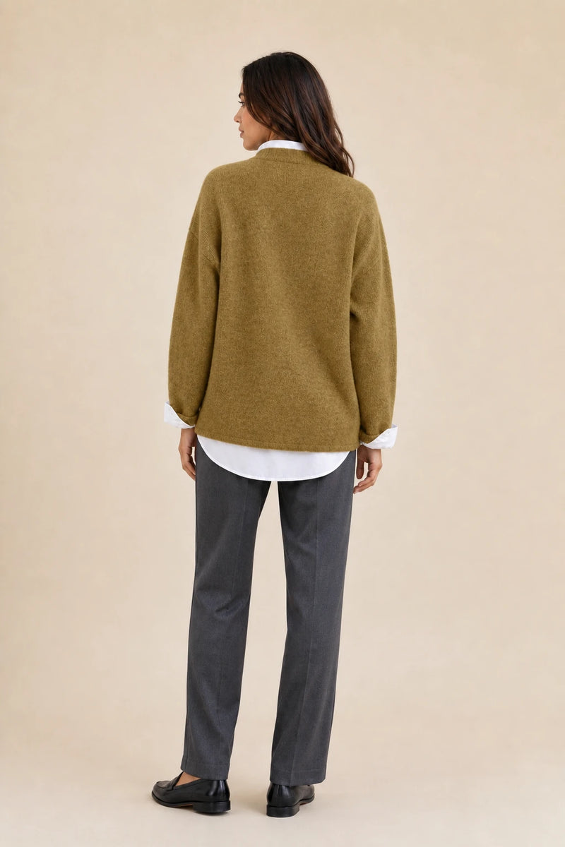 Opal | Cashmere-Feel Knit Sweater in Khaki, studio back view