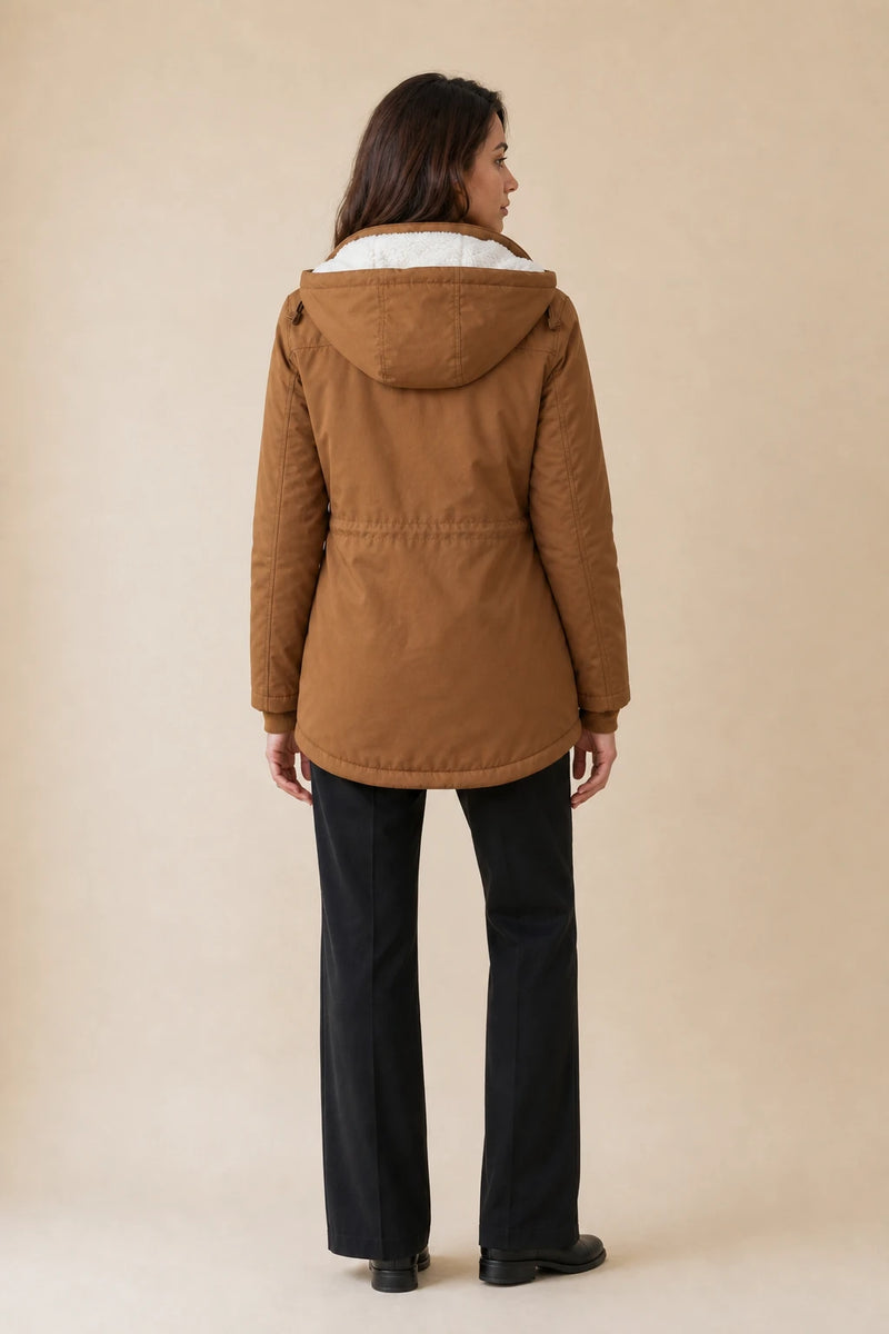 Frankie | Hooded Fleece-Lined Coat in Khaki, studio back view