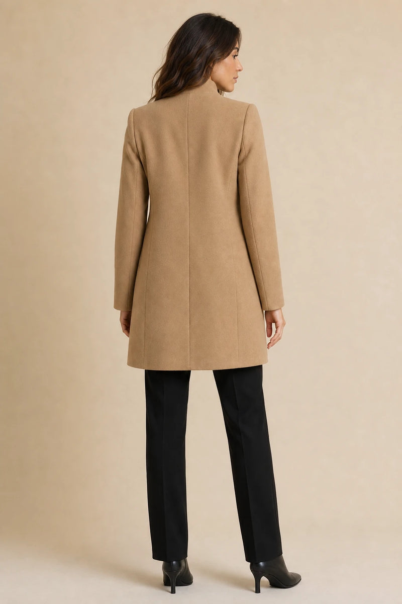 Cordelia | Wool-Feel Overcoat in Khaki, studio back view