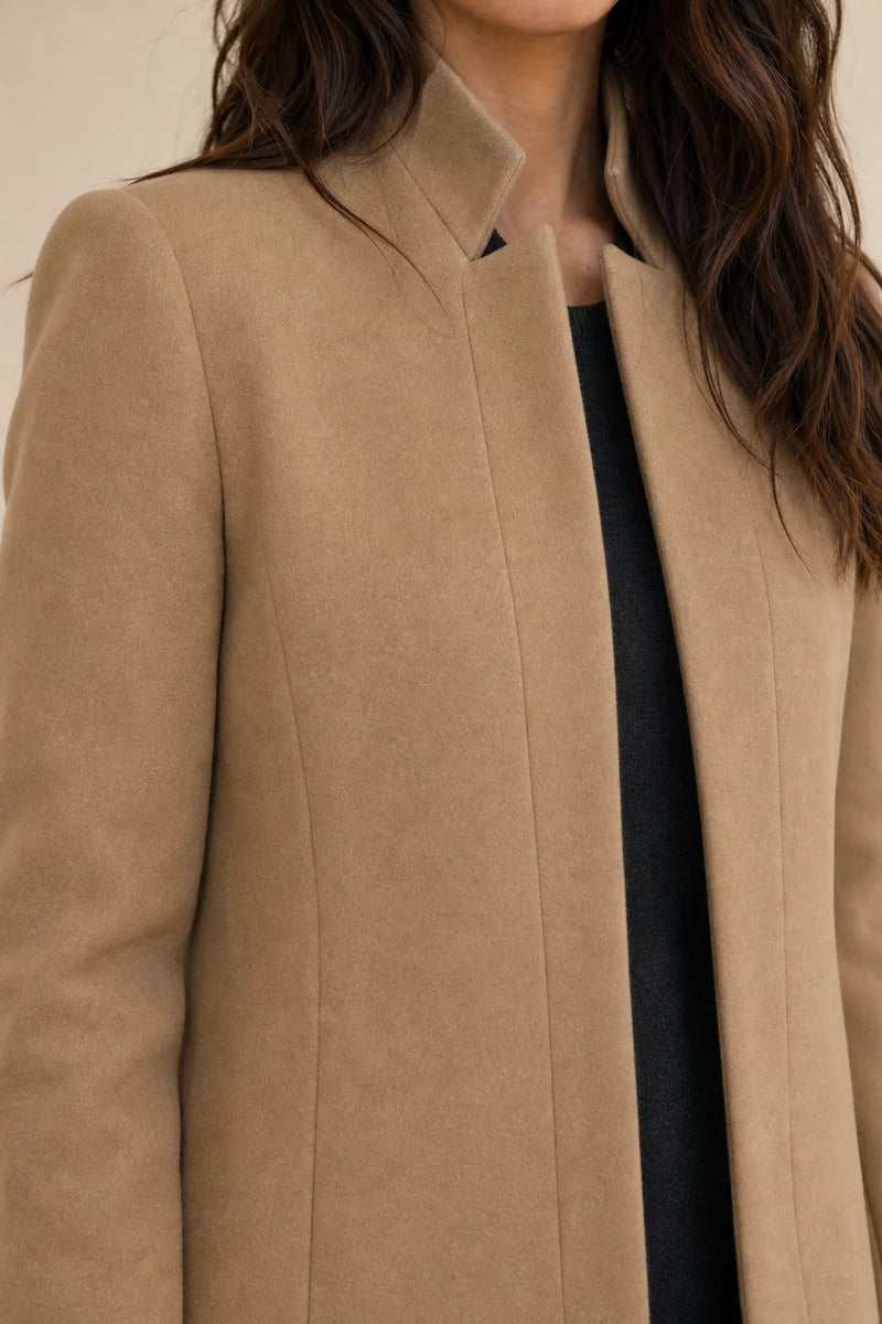 Cordelia | Wool-Feel Overcoat in Khaki, fabric close-up