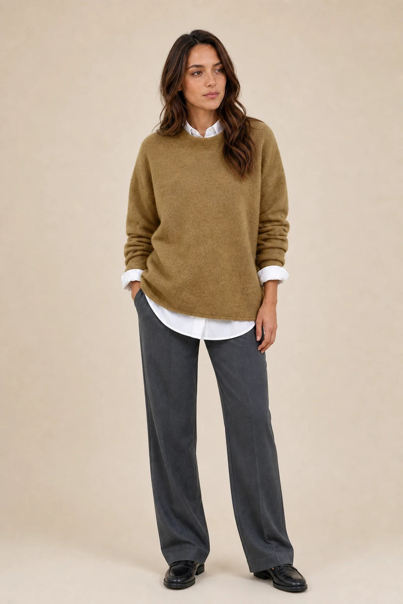 Opal | Cashmere-Feel Knit Sweater in Khaki, studio front view
