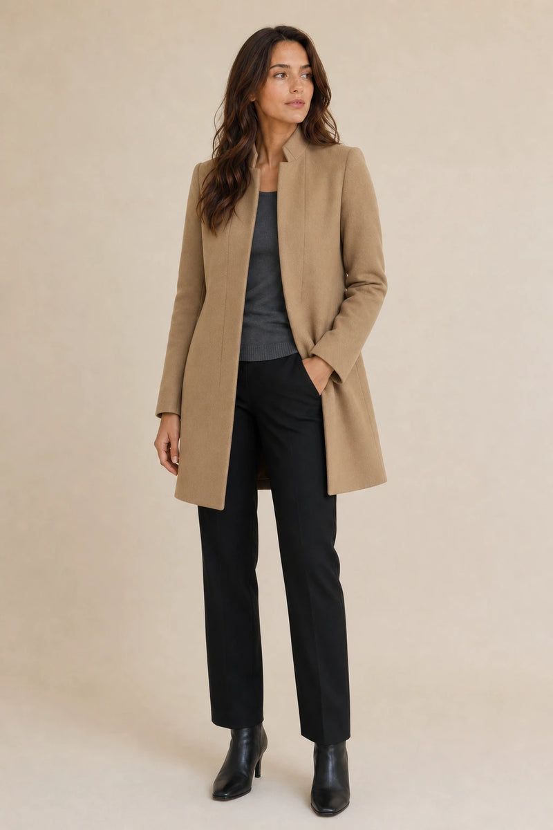 Cordelia | Wool-Feel Overcoat in Khaki, studio front view