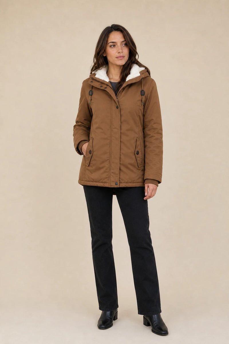 Frankie | Hooded Fleece-Lined Coat in Khaki, studio front view
