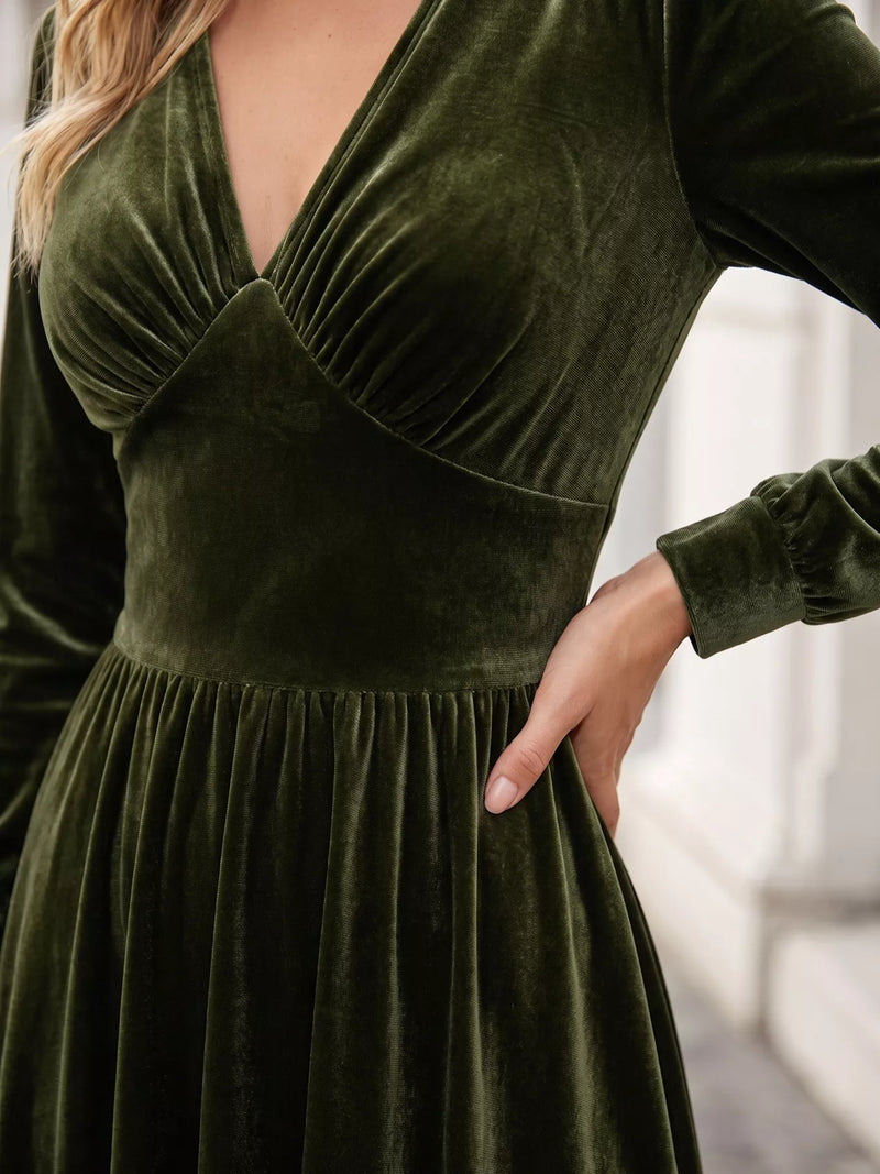 Plus Size Velvet Maxi Dress for Women with V-Neck and Long Sleeves in Olive Green, bodice close-up
