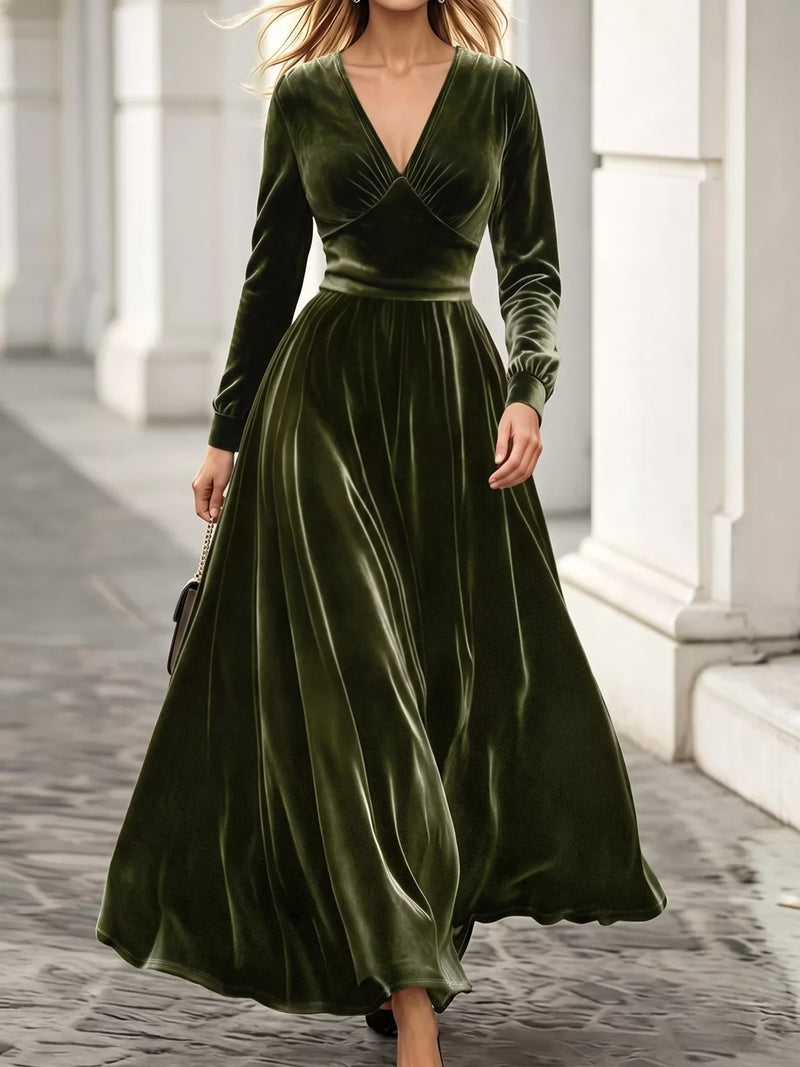 Plus Size Velvet Maxi Dress for Women with V-Neck and Long Sleeves in Olive Green, full front view
