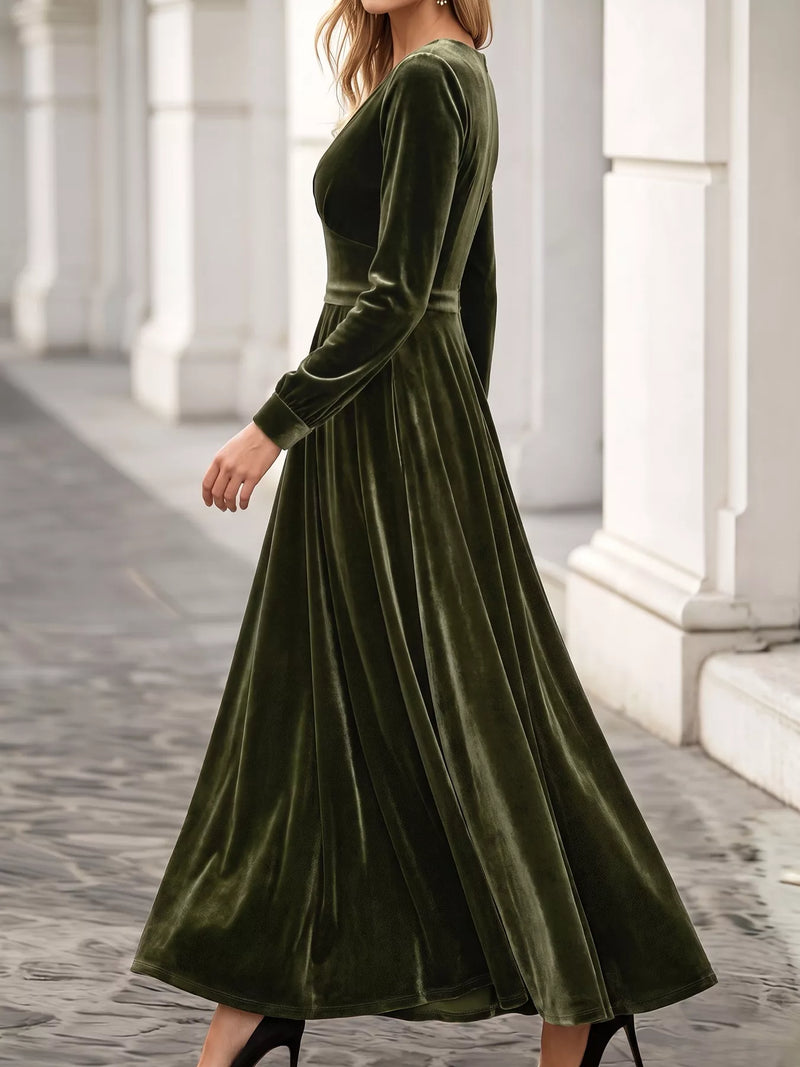 Plus Size Velvet Maxi Dress for Women with V-Neck and Long Sleeves in Olive Green, side view