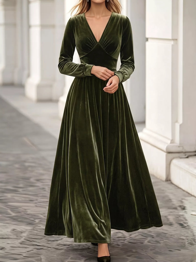 Plus Size Velvet Maxi Dress for Women with V-Neck and Long Sleeves in Olive Green, standing front view