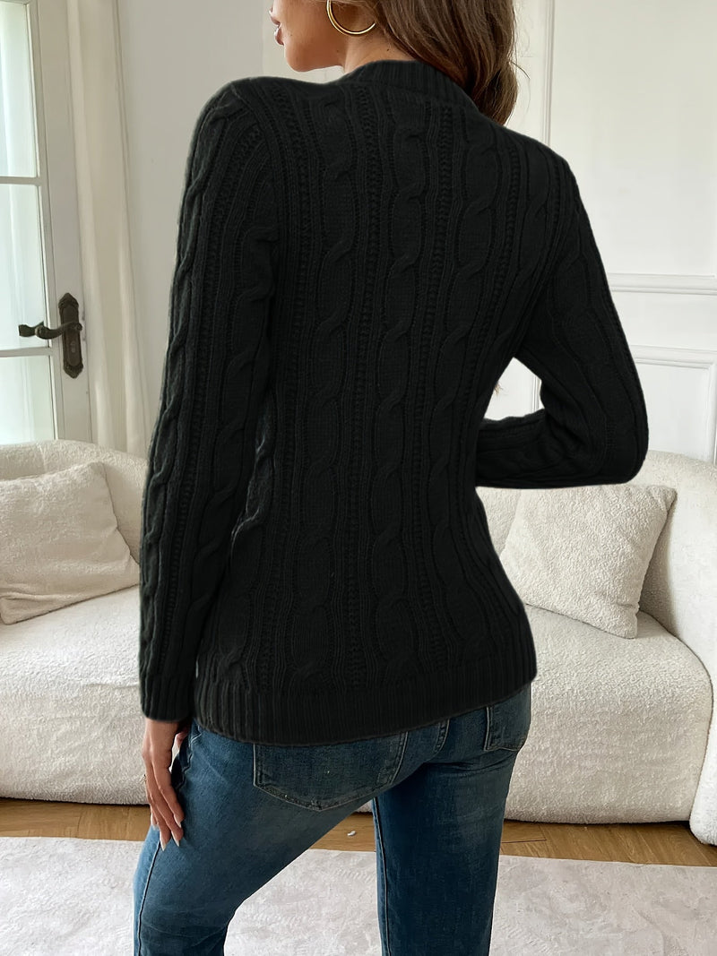 Fitted Cable Knit Sweater for Women with Crew Neck and Long Sleeves in Black, back view