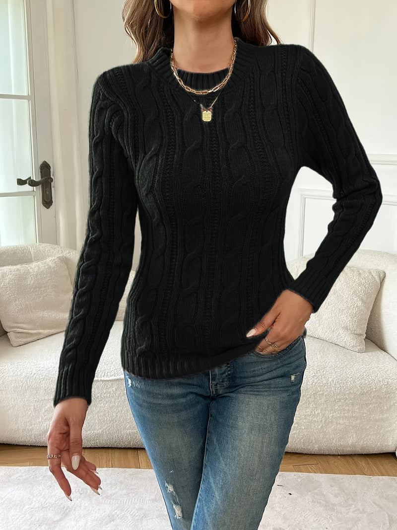 Fitted Cable Knit Sweater for Women with Crew Neck and Long Sleeves in Black, front view 3