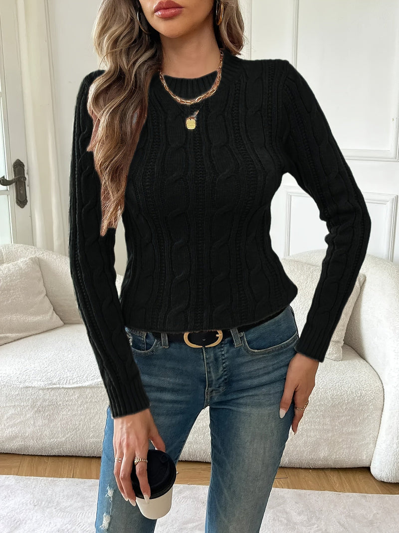 Fitted Cable Knit Sweater for Women with Crew Neck and Long Sleeves in Black, front view 4