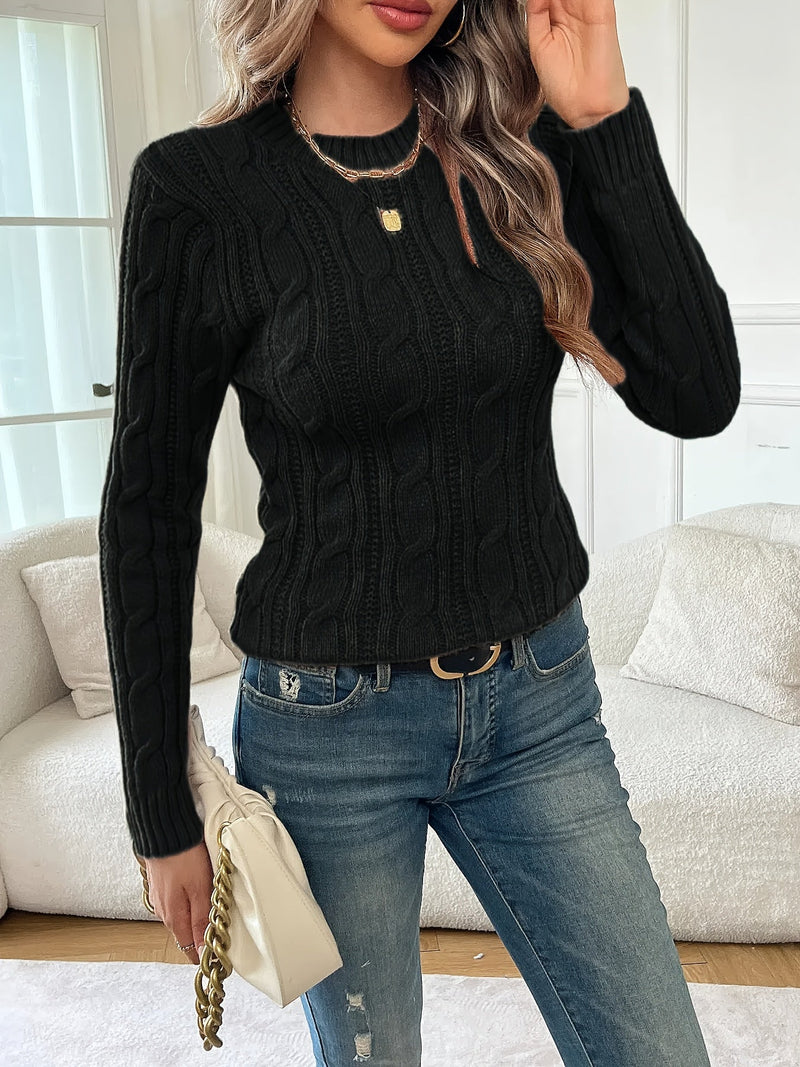Fitted Cable Knit Sweater for Women with Crew Neck and Long Sleeves in Black, styled view