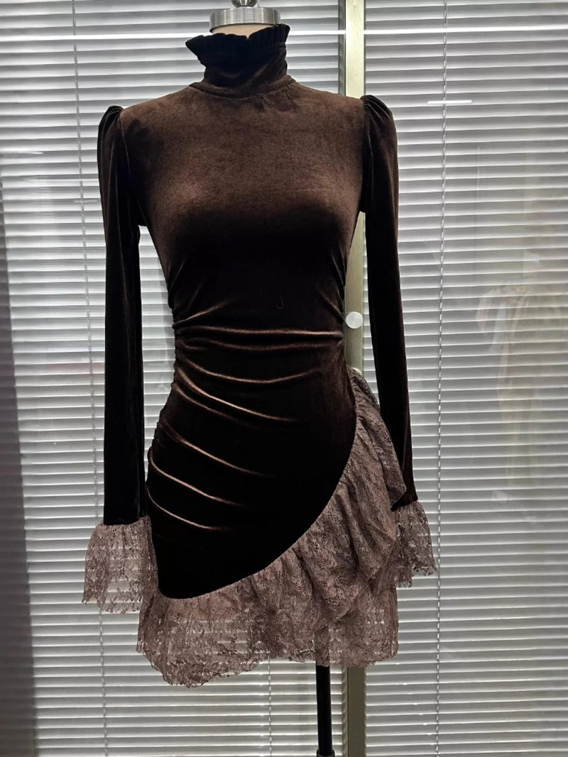 Mock Neck Velvet Mini Dress for Women with Lace Ruffle Hem and Long Sleeves in Brown, angled view on form
