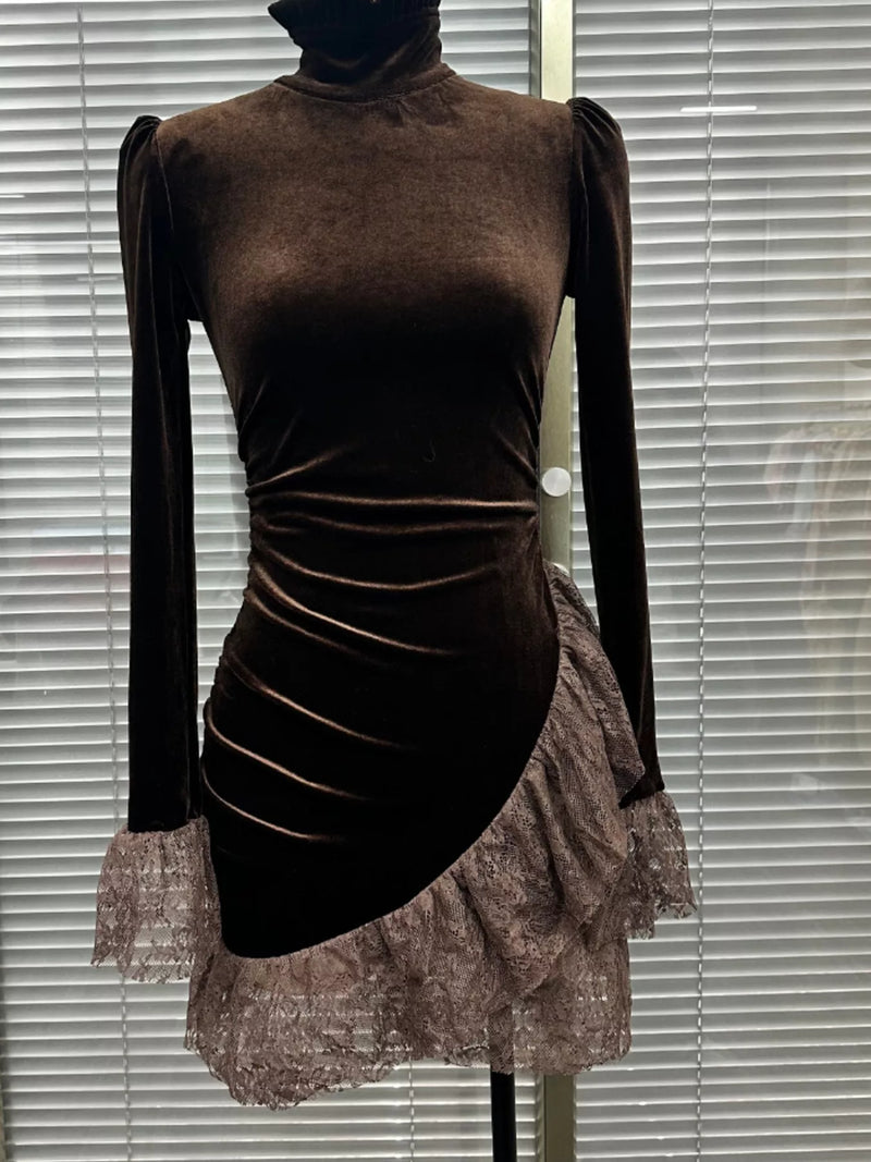 Mock Neck Velvet Mini Dress for Women with Lace Ruffle Hem and Long Sleeves in Brown, front view on form