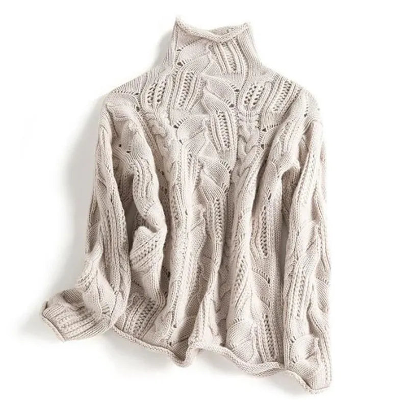 Cable Knit Funnel Neck Sweater for Women with Openwork Detail in Beige, flat lay