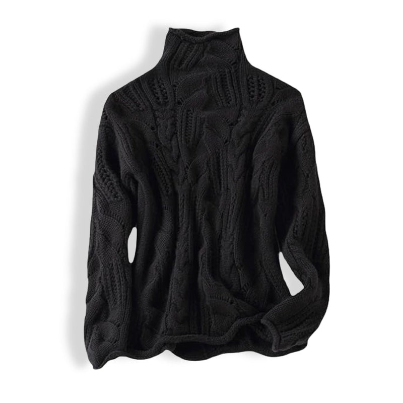Cable Knit Funnel Neck Sweater for Women with Openwork Detail in Black, flat lay