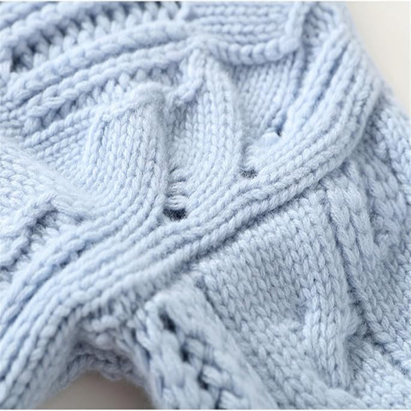 Cable Knit Funnel Neck Sweater for Women with Openwork Detail in Light Blue, knit close-up
