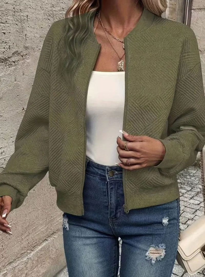 Textured Knit Bomber Jacket for Women with Zip Front and Ribbed Trim in Army Green, open front view